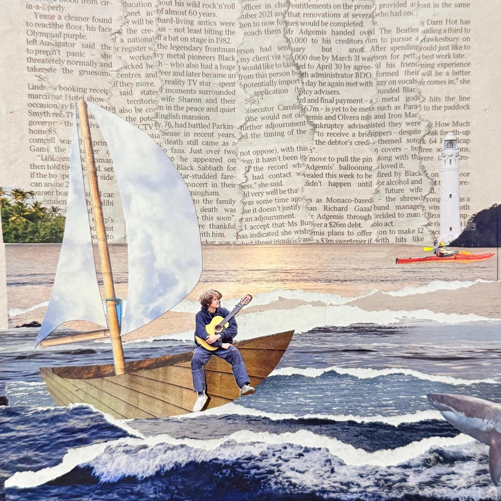 Carry On album cover: a collage of Dawson playing guitar in a wooden sailing boat on a sea cut from newspaper and photographs